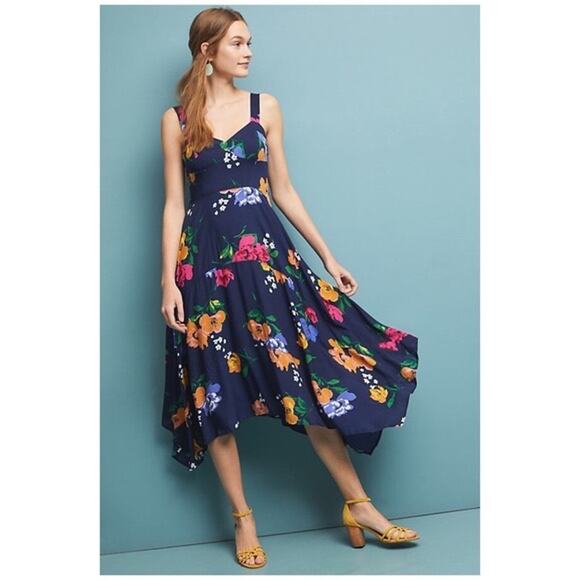 ANTHROPOLOGIE MAEVE Vivienne Maxi Handkerchief Dress in Navy Blue Floral Size12 - Picture 1 of 8
